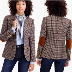J.Crew Rhodes Blazer Jacket Wool Tweed Houndstooth Elbow Patches Brown Size 4